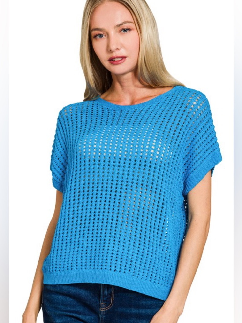 Zenana Blue VISCOSE CROCHET KNIT SHEER HOLLOW
SWEATER